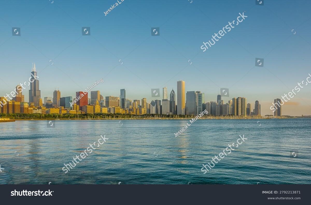 Chicago skyline across Lake Michigan in warm light